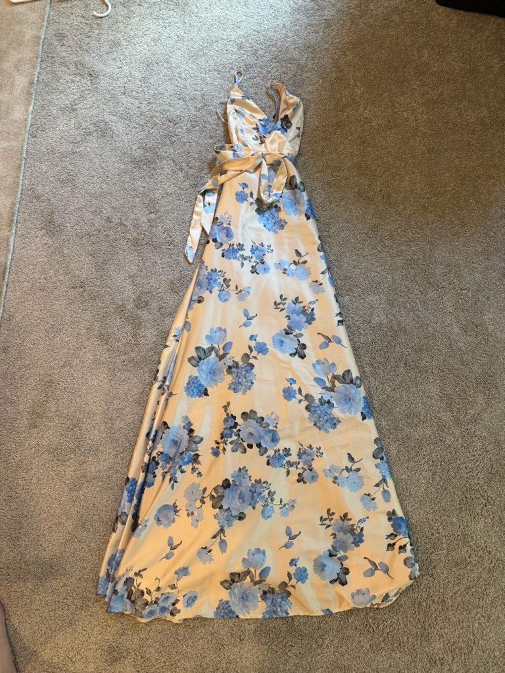 Lulu's Light Yellow Satin Maxi Dress with Blue Floral Print